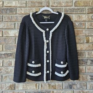 St. John Couture Women's Size 14 Black/White Pearl Button Fringed Jacket USA